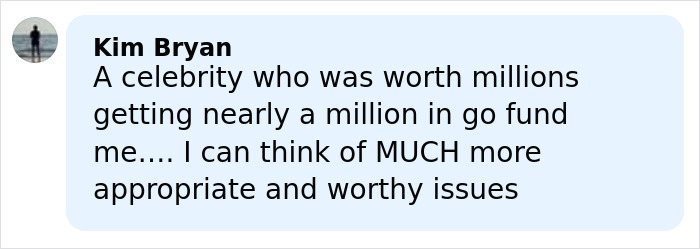 Comment by Kim Bryan criticizing GoFundMe for James Van Der Beek's family, sparking money manager debate online.