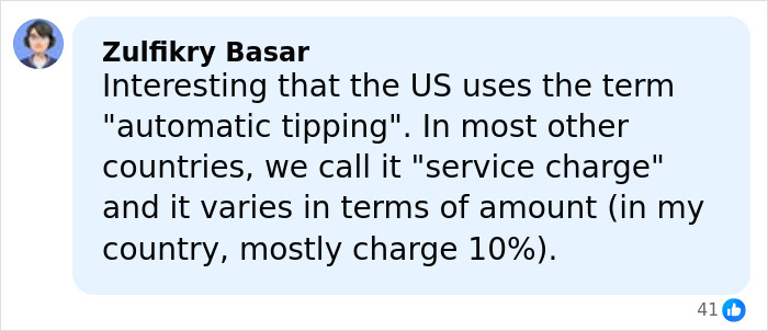 Commenter explaining the US term automatic tipping versus service charge in other countries, highlighting differences in tip amounts.
