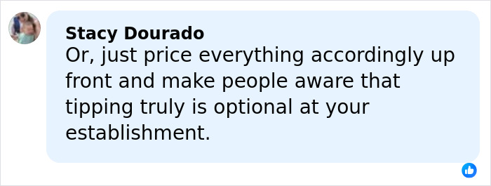 Facebook comment discussing optional tipping at a restaurant amid outrage over automatic 20% tip policy.