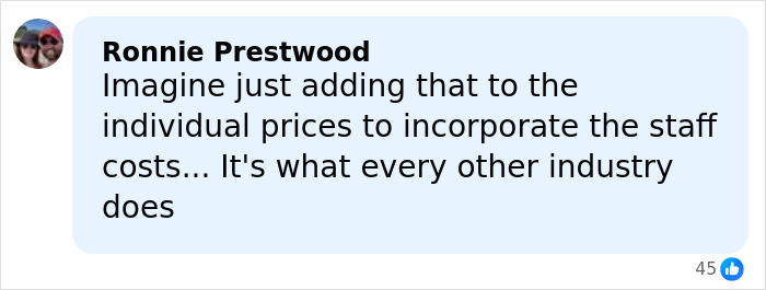 Facebook comment by Ronnie Prestwood discussing automatic 20% tip added by top American restaurant amid controversy.