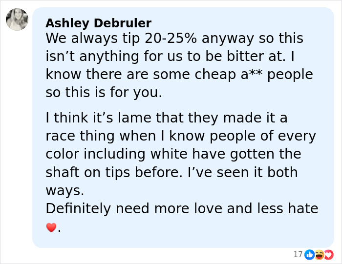 Comment from Ashley Debruler discussing automatic 20% tip policy amid restaurant tipping and racial issues debate.