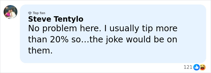 User comment on automatic 20% tip added by America&rsquo;s top restaurant, mentioning tipping habits and reactions.