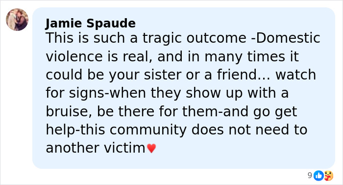 Comment on domestic violence awareness, emphasizing support for victims and community action to prevent harm.