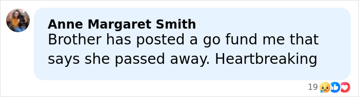 Comment about missing woman shared on social media, mentioning family and a heartbreaking update.