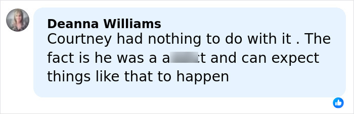 Screenshot of a social media comment discussing Courtney Love's reaction to Kurt Cobain homicide claim report.