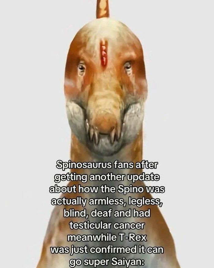 Hilarious meme featuring a distressed Spinosaurus fan reacting to surprising dinosaur updates and comparisons.