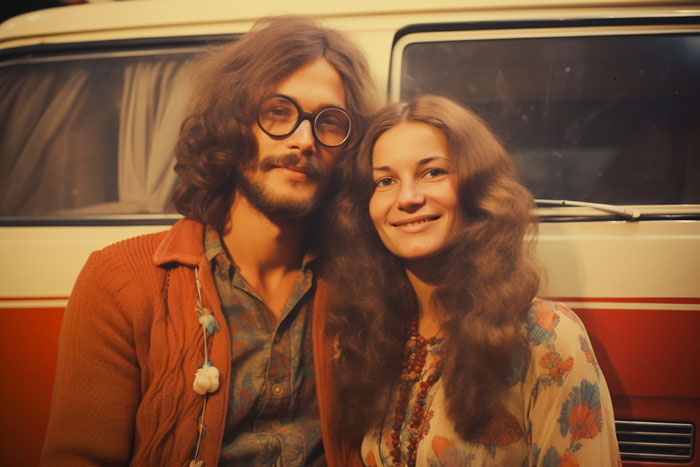Young couple smiling by vintage van, styled in retro clothing with curly hair, conveying a warm and nostalgic mood. Young couple smiling by vintage van, styled in retro clothing with curly hair, conveying a warm and nostalgic mood.