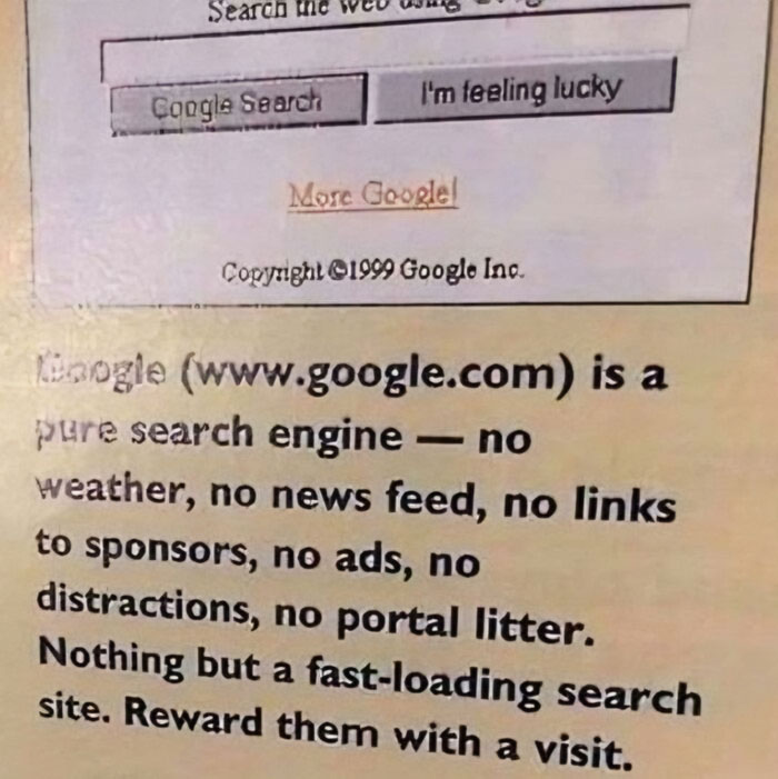 Old print ad for Google search engine emphasizing no ads or distractions, illustrating inappropriate ads from the past.