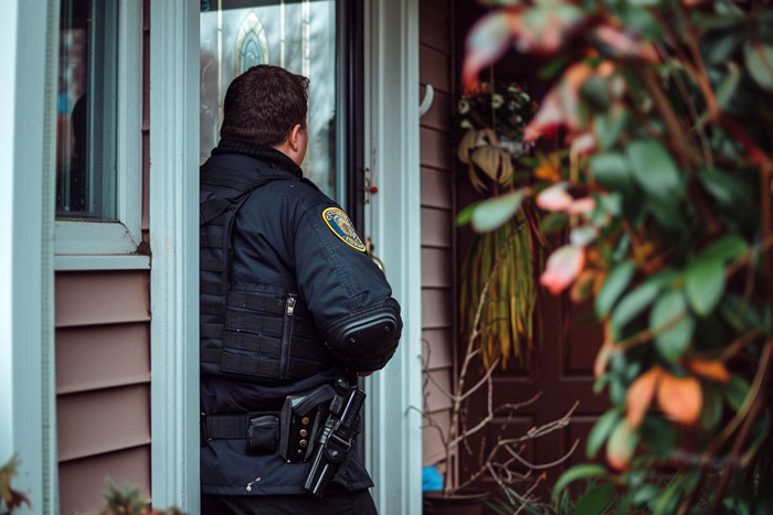 Police officer in black uniform standing at a house door, related to FBI prank causing woman to disappear.