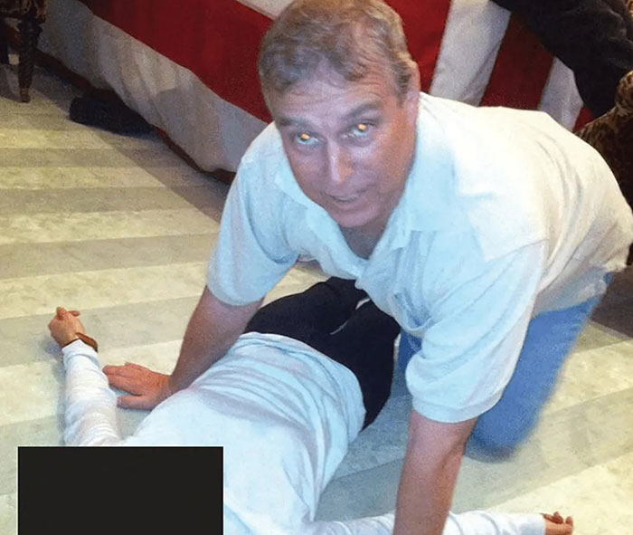 A man in a white shirt leaning over another person lying face down on a tiled floor amid royal scrutiny discussion.