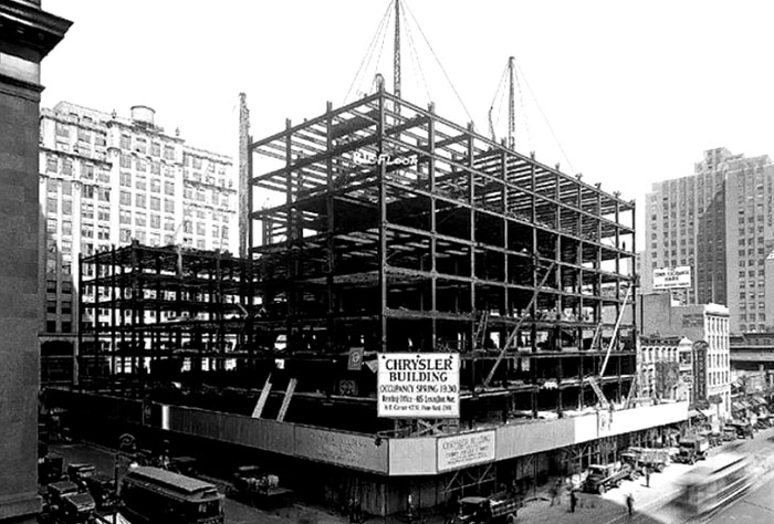 Black and white rare photo of Chrysler Building construction showing steel framework in early 1930s history scene.