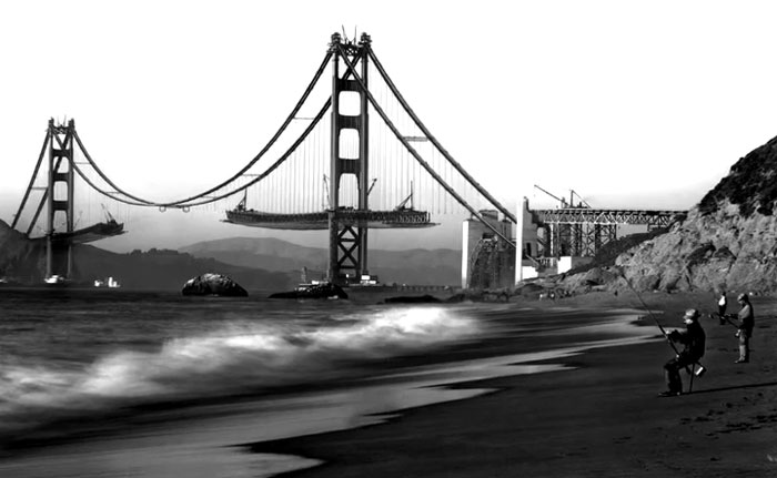 Construction of the Golden Gate Bridge in a rare and intriguing historical photo capturing the bridge partially built.