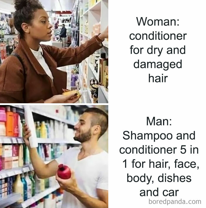 Woman choosing conditioner for dry hair while man humorously picks 5-in-1 shampoo, a funny chaotic marriage meme.