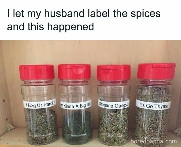 Funny marriage meme showing spice jars humorously labeled by a husband, reflecting chaotic and playful couple moments.
