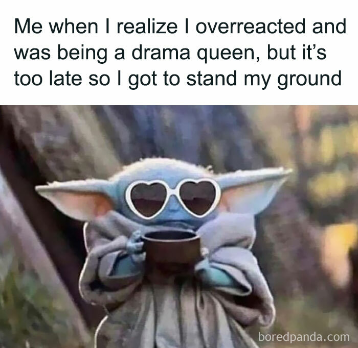 Baby Yoda wearing heart-shaped sunglasses drinking from a cup with funny chaotic marriage meme text above.