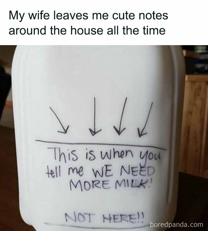 Handwritten funny marriage meme on a milk jug showing chaotic communication about needing more milk.