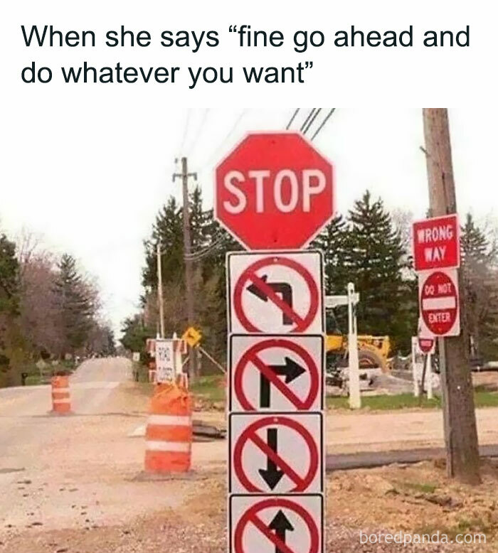 Multiple road signs with no turns allowed and a stop sign, illustrating a chaotic marriage meme about restrictions and confusion.