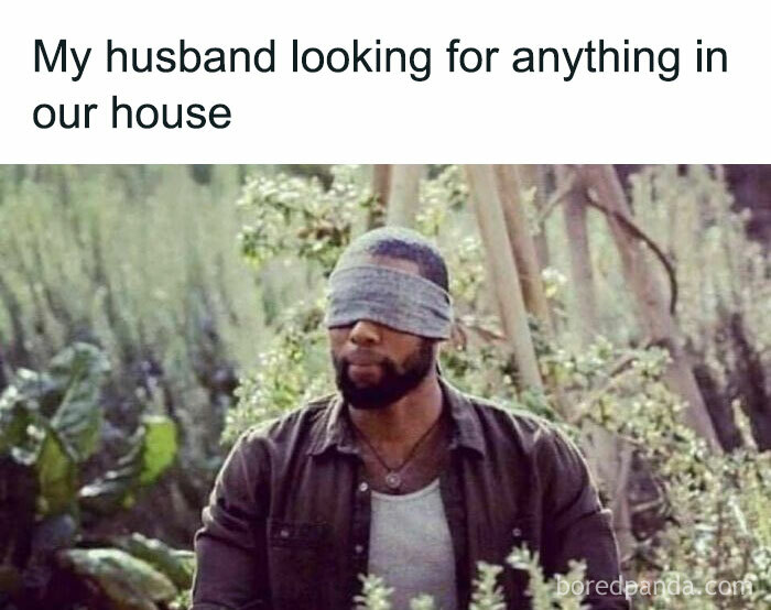 Man blindfolded in a garden with caption about husband looking for anything in the house, marriage memes humor.