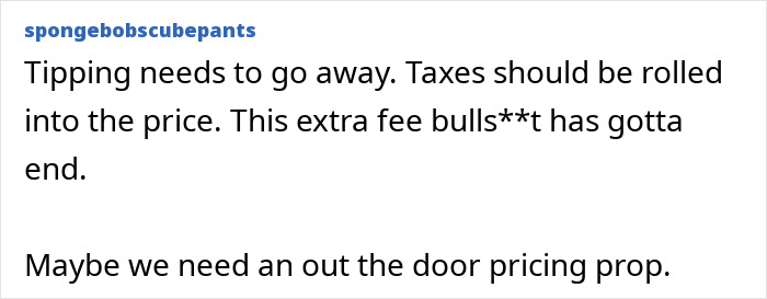 Screenshot of a social media comment criticizing automatic 20% tip addition at America's top restaurant amidst controversy.