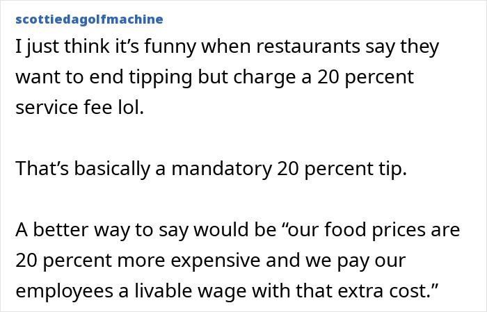 Alt text: User comments on restaurants adding automatic 20 percent tips seen as mandatory service fees amid controversy.