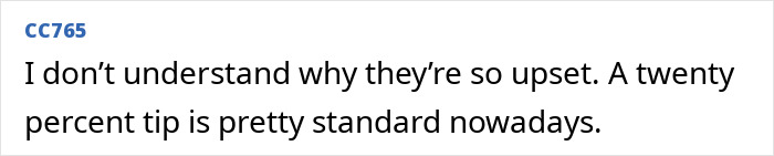 User comment in black text expressing confusion about outrage over a standard 20% automatic tip at a top American restaurant.