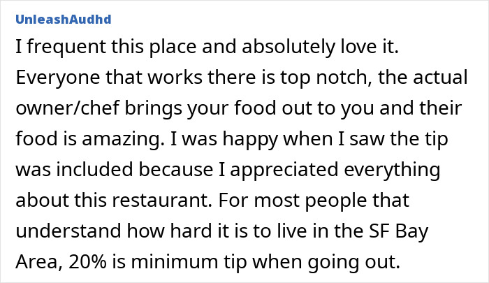 Customer praises America's top restaurant for adding automatic 20% tip amid controversy over country's racist past.