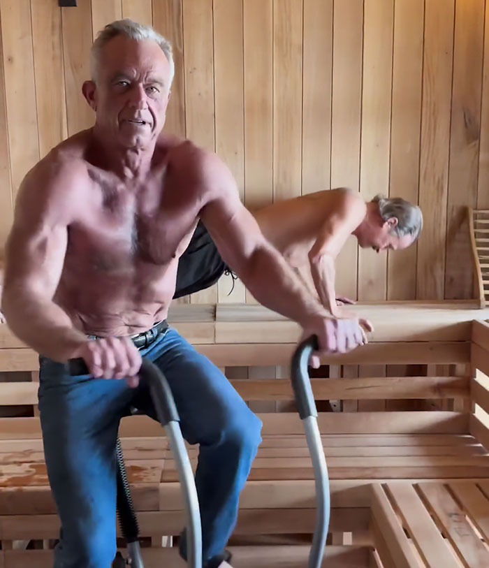 RFK Jr. and Kid Rock shirtless in a wooden sauna during a workout video sparking wild reactions online. RFK Jr. and Kid Rock shirtless in a wooden sauna during a workout video sparking wild reactions online.