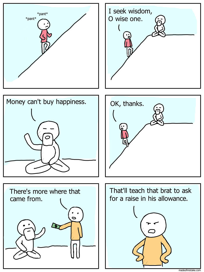 Minimalistic comic showing a person seeking wisdom about happiness from a wise figure in a simple everyday scene.