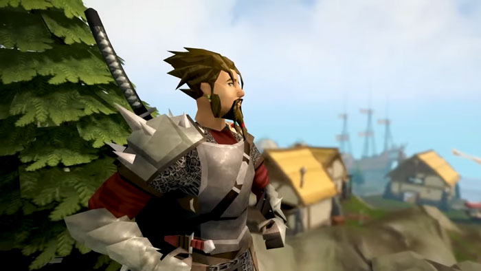 RuneScape character in armor overlooking village and ships, representing 14 years of game effort in a virtual world. - 38