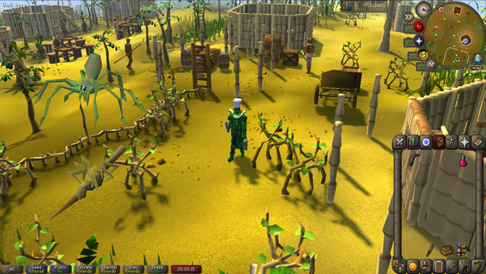RuneScape gameplay showing a character in green armor standing in a fenced farming area with various crops and tools. - 31