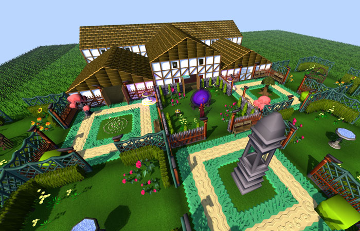 Virtual garden and house design from RuneScape showing detailed landscaping and pathways in a gaming environment. - 45