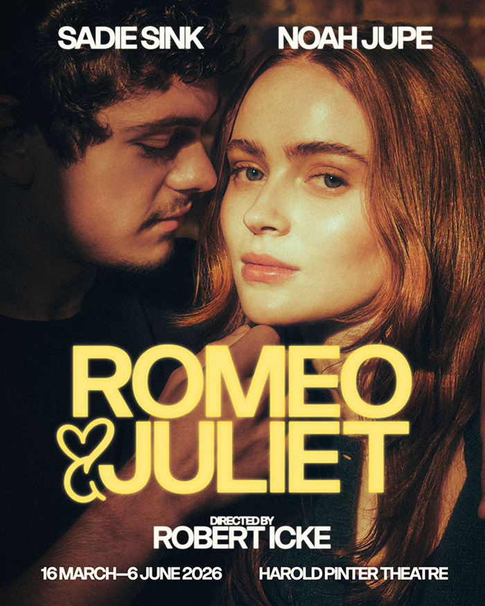 Sadie Sink and Noah Jupe in a close pose promoting Romeo and Juliet at Harold Pinter Theatre, highlighting Sadie Sink’s BAFTA look.
