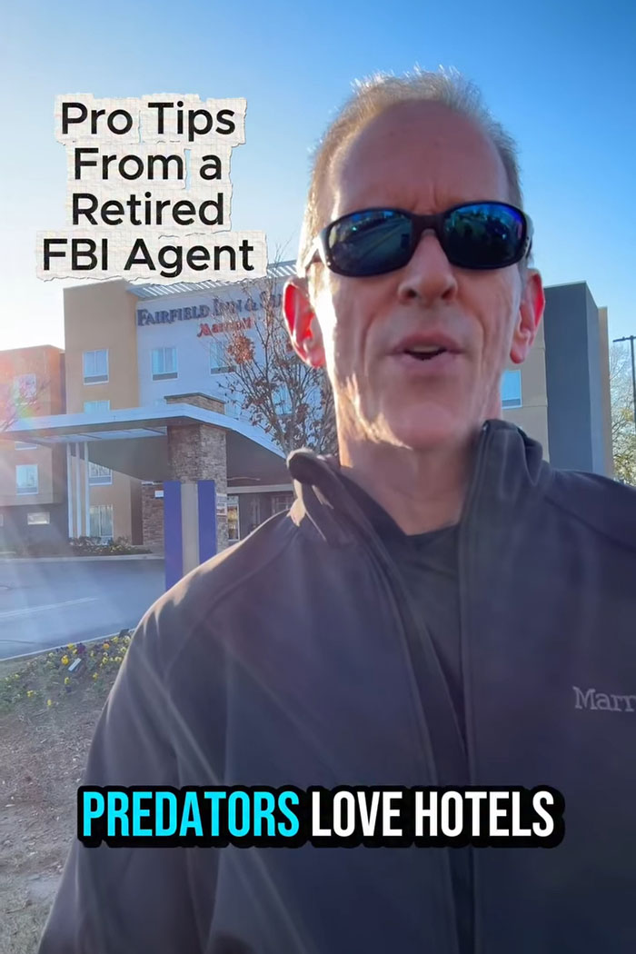 Retired FBI agent outdoors sharing safety tips for women with text about predators and hotels in the background.
