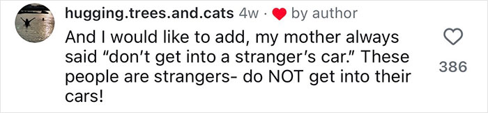 Screenshot of a social media comment emphasizing safety tips for women about not getting into a stranger&rsquo;s car.