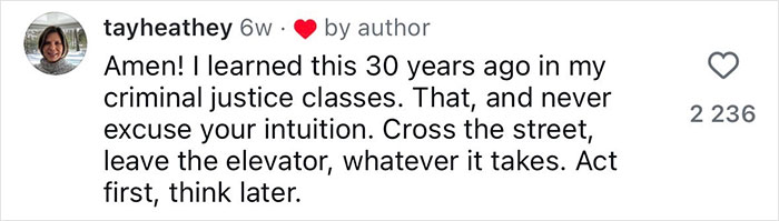 Comment about safety tips from a former FBI agent advising women to trust intuition and take precautions seriously online.