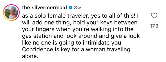 Comment from solo female traveler sharing safety tips for women, emphasizing confidence and vigilance to prevent intimidation.