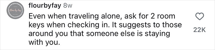Social media safety tip for women traveling alone, advising to ask for two room keys at check-in for added security.