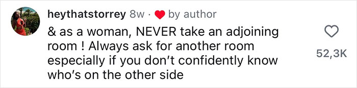 Woman shares safety tips for women warning against taking adjoining hotel rooms for personal security.