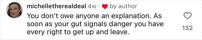 Comment highlighting women's safety advice from a former FBI agent, emphasizing trusting gut signals and knowing your rights.