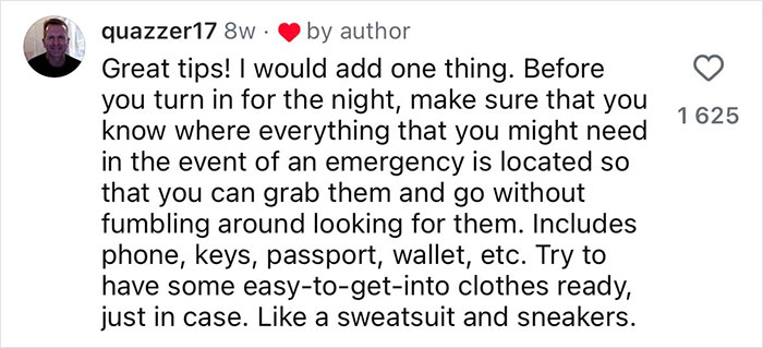 User comment about safety tips for women, emphasizing preparedness with essentials like phone, keys, and easy-to-wear clothes.