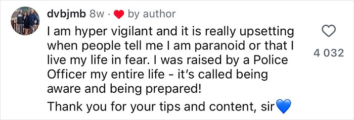 Comment expressing appreciation for safety tips from a former FBI agent, highlighting vigilance and preparedness for women.