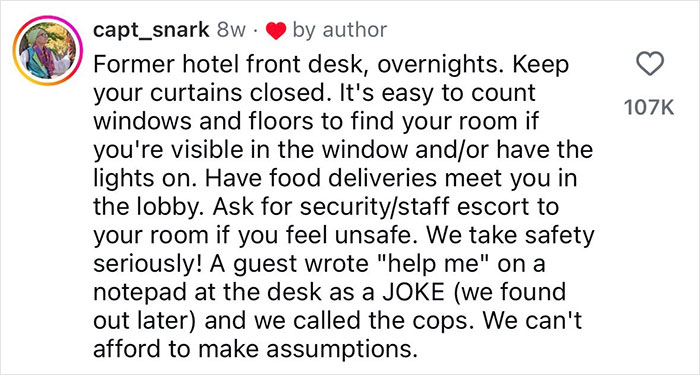 Screenshot of a social media post sharing safety tips for women from a former hotel front desk worker.