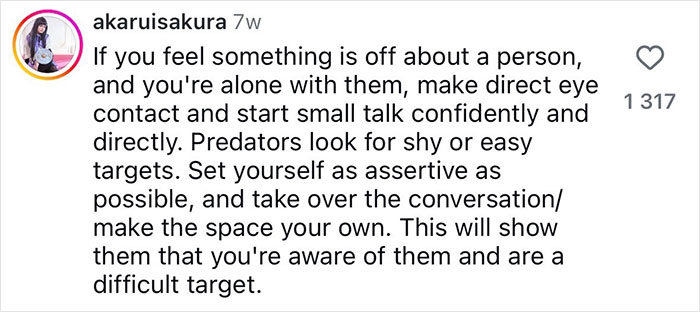 Screenshot of a social media safety tip advising women to make eye contact and be assertive to avoid predators.