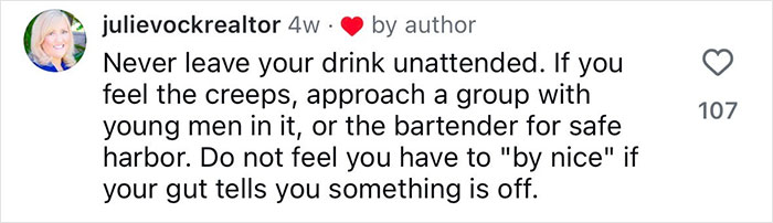 Comment by user julievockrealtor sharing safety tips for women from a former FBI agent about trusting instincts and staying alert.