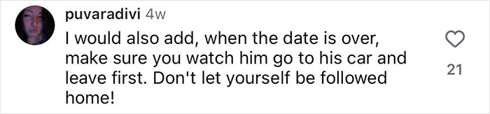 Screenshot of a social media comment sharing safety tips for women to avoid being followed after a date.