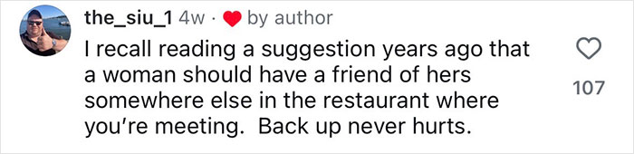 Comment from a former FBI agent sharing safety tips for women about having backup while meeting someone new.