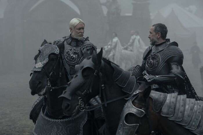 Two armored knights on horses in a misty setting from A Knight Of The Seven Kingdoms episode 5 scene. Two armored knights on horses in a misty setting from A Knight Of The Seven Kingdoms episode 5 scene.