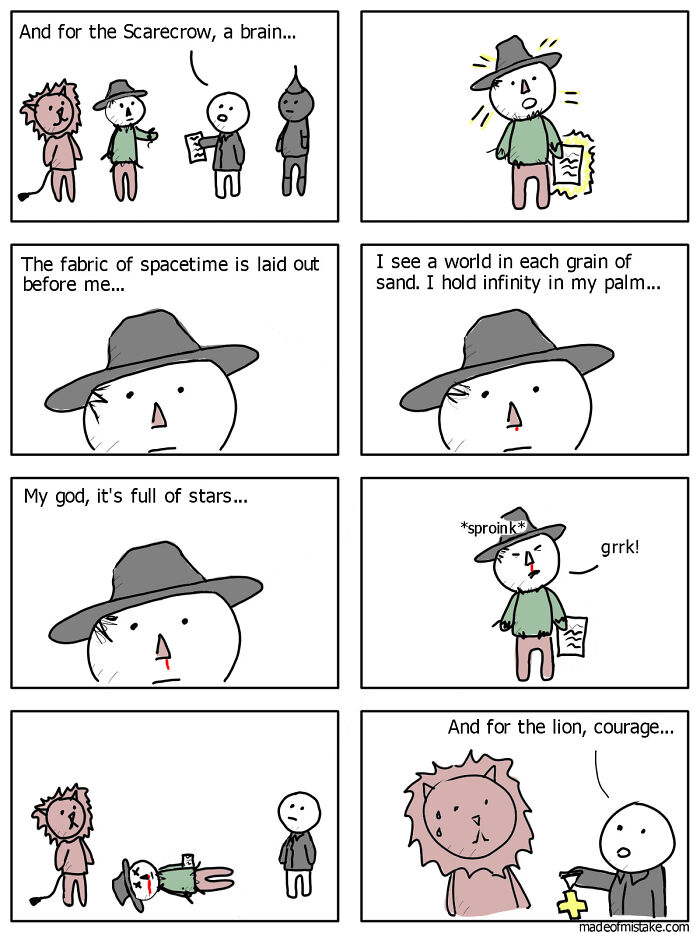 Minimalistic comic strip showing a scarecrow, lion, and a man in a hat illustrating everyday observations.