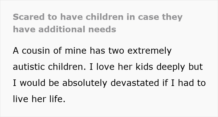 Text excerpt about a woman reconsidering motherhood due to her cousin&rsquo;s autistic kids and their additional needs.