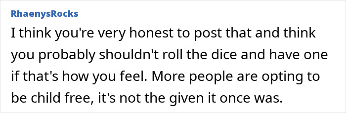 Comment discussing being honest about limits and reconsidering motherhood due to cousin's autistic kids experience.